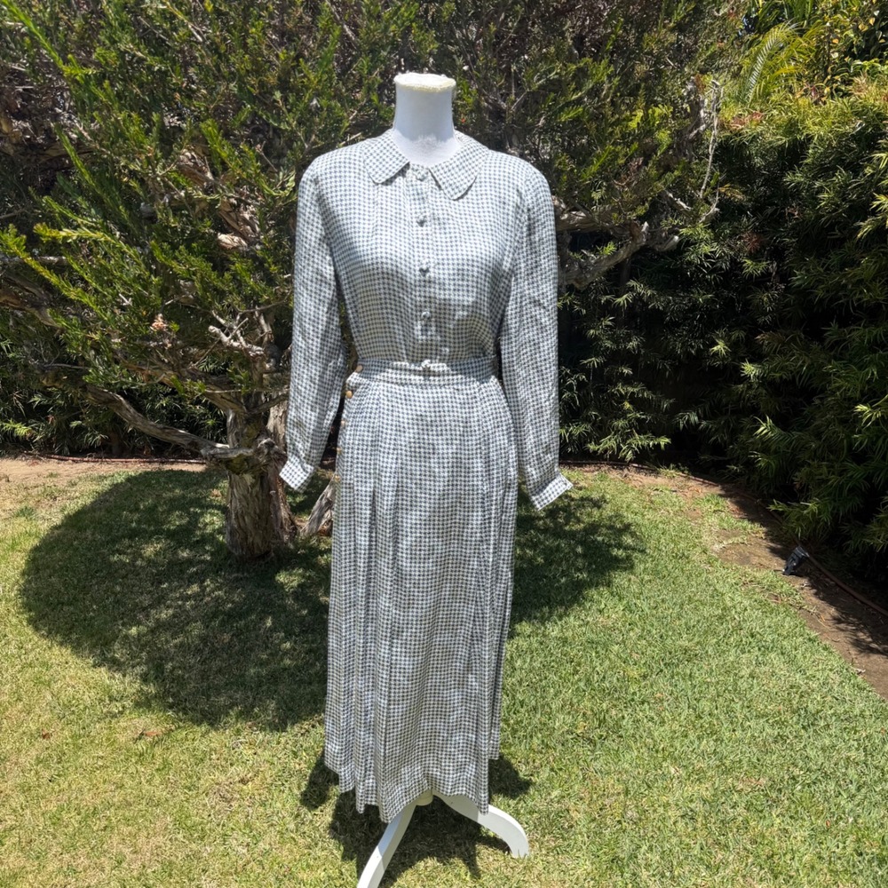 Alcott & Andrews Vintage 100% Silk Houndstooth Skirt Set Blue White 2 Piece‎